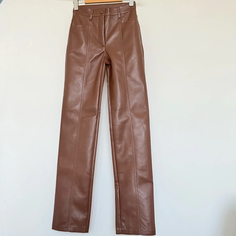 Aritzia Wilfred Rebel Vegan Leather Pants Brown Straight Leg Size 00 - Picture 3 of 13